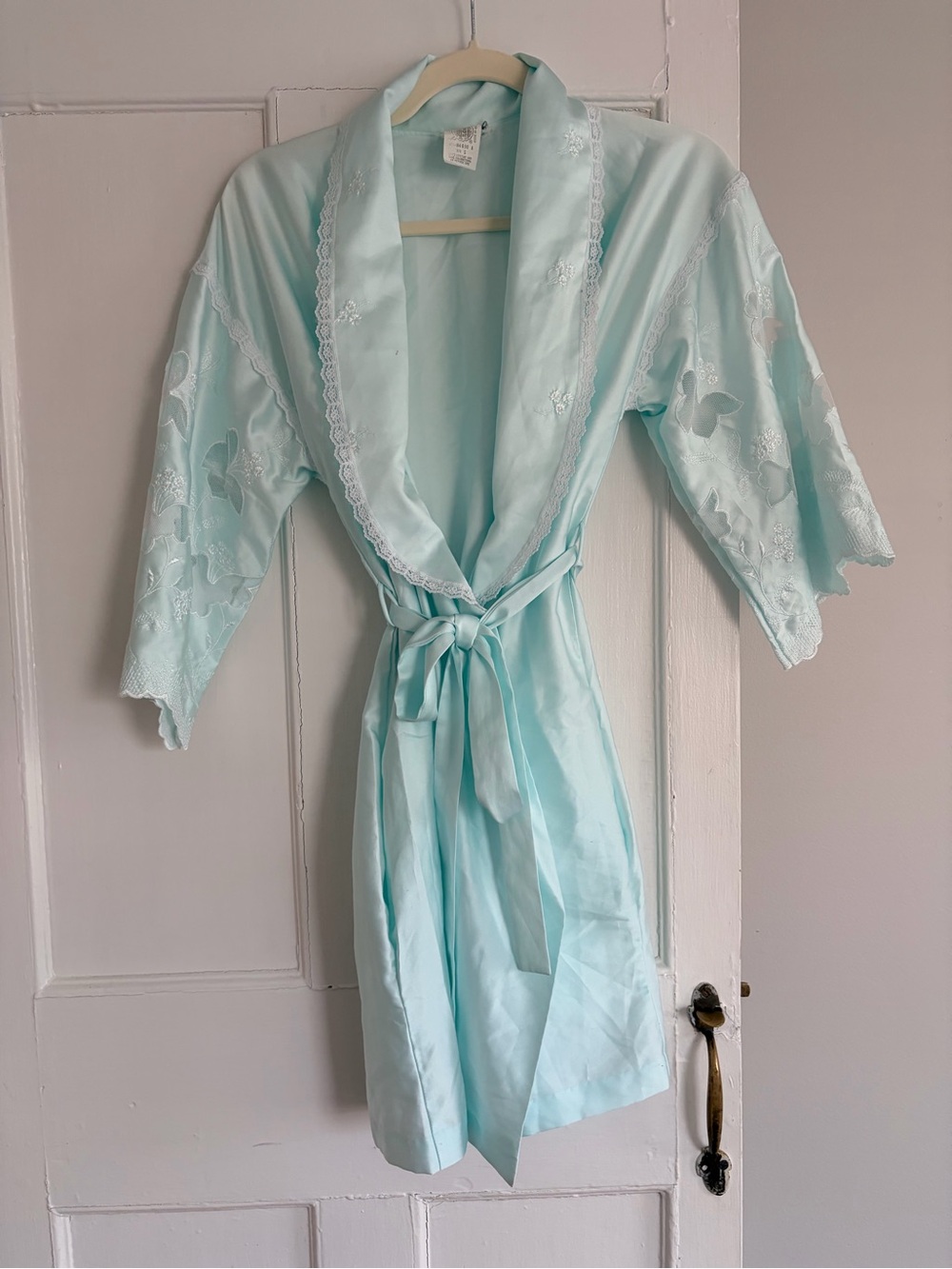 MISS DIOR Vintage Light Aqua Robe with Lace Trim and Tie Belt